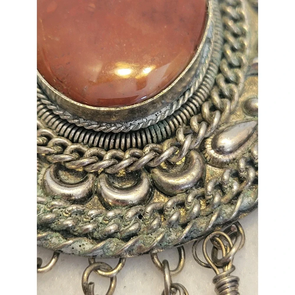 Vintage Tribal Boho Ethnic Pendant Carnelian Type Bell Statement Silver Tone